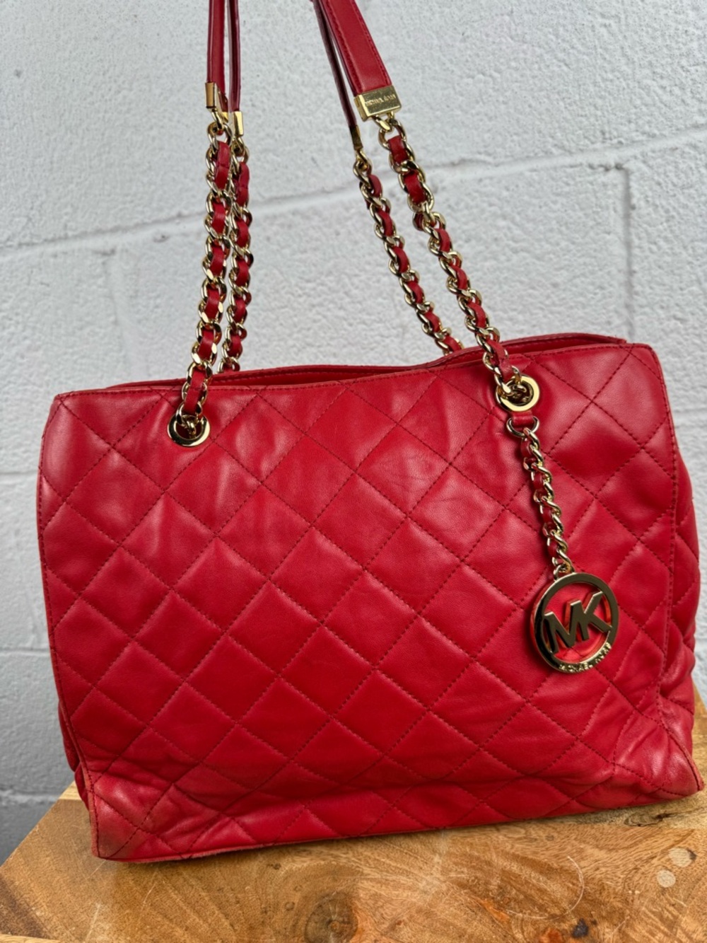 Michael Kors Red Leather Quilted Chain Shoulder Tote Bag Gold Hardware